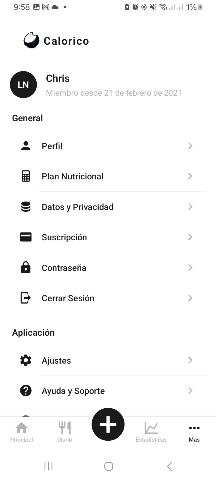 Calorico app interface mostrando control de agua y ejercicio